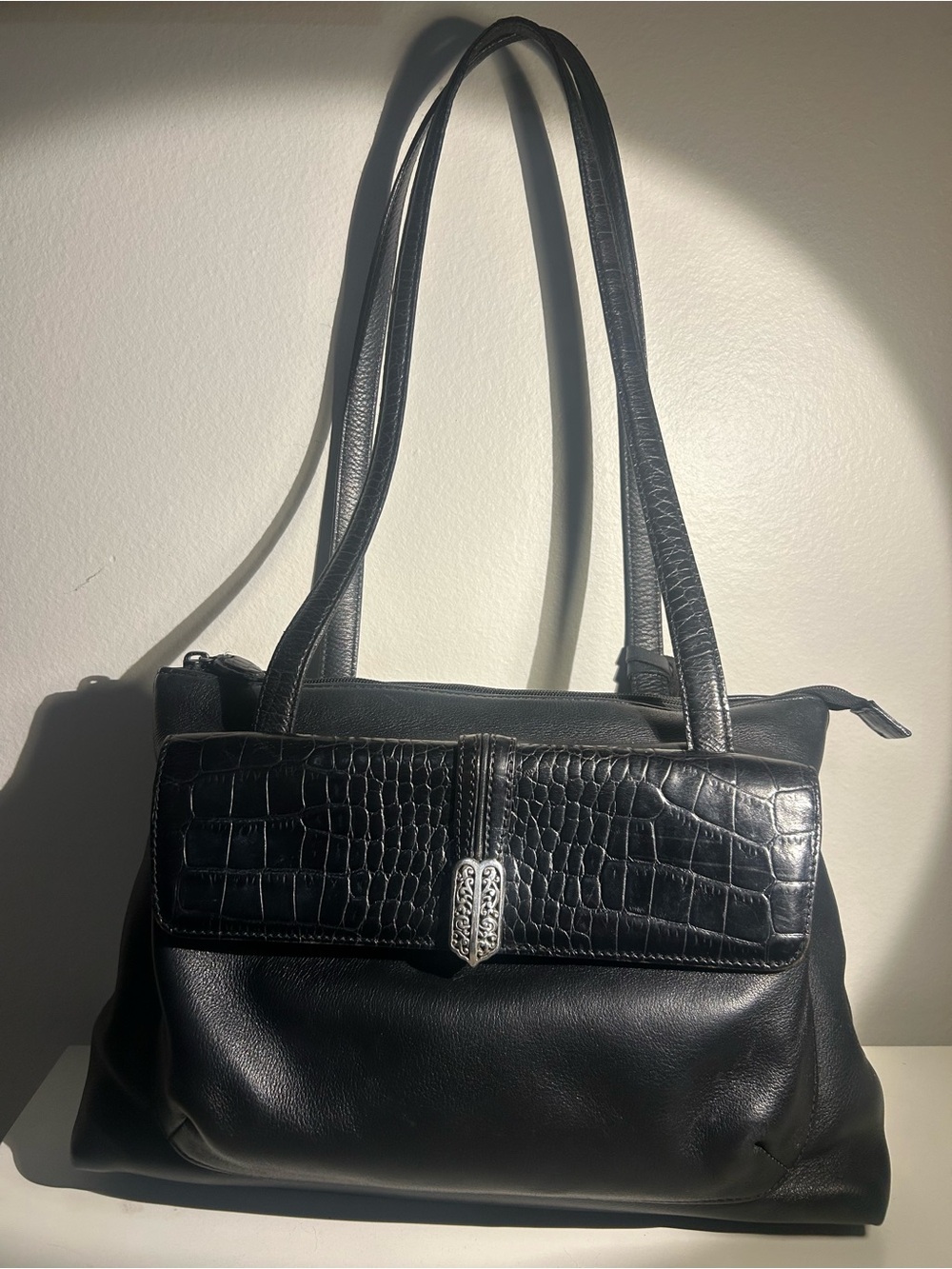 Brighton Black Croc-Accent Shoulder Bag